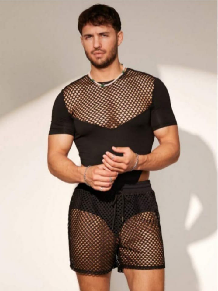 Men's See Through Mesh Drawstring Sleepwear Shirt & Short And t-shirt & Short Set